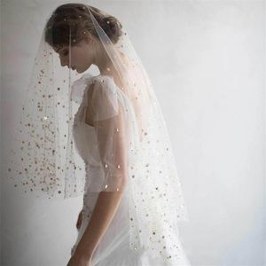 2 lager Cut Edge Wedding Veil för Bridal Gold Star Beads Sparkle Wedding Accessories Velos de Novia3143