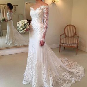 Vestidos De Novia 2017 Meerjungfrau mit langen Ärmeln V-Ausschnitt Spitzenapplikationen Elfenbeinweiß Spitze Vintage Brautkleider Gericht Zug Braut Dress342Z