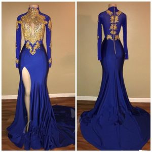 Sexig delad sjöjungfru aftonklänningar Royal Blue Chiffon Gold Applique Arabia Vestidos de Festa Party Dress Prom Formal Pageant Celeb240C