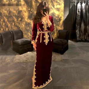 Morocco Caftan Evening gowns V Neck Mermaid Prom Dresses side slit Velvet gold lace applique Long Sleeves Formal Evening Party Dre199c