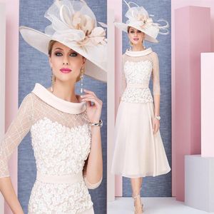 Hellrosa Kleider für die Brautmutter, Teelänge, Spitze, Übergröße, Hochzeitsgastkleid, A-Linie, Perlen, Abendkleider301S
