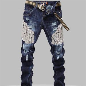 Fashion-Sequin Mens Jeans Male Eagle Wings Brodery Stitching Sequin Hole Jeans Slim Pants Ribbed Mens Robin Jeans212y