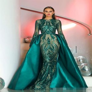 Dark Green Dubai Evening Dresses Sequins Applique Satin Tulle Mermaid Detachable Train Overskirt Long Sleeves Prom Ball Gown Forma283m