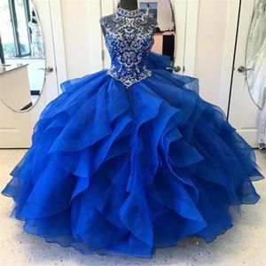 Royal Blue Quinceanera klänningar Hög hals kristall pärlstav bodice korsett organza skikt boll klänning prinsessan prom klänning lace-up239q
