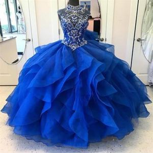 Königsblaue Quinceanera-Kleider, Stehkragen, Kristallperlen-Mieder, Korsett, Organza, mehrlagiges Ballkleid, Prinzessin-Abschlussballkleid, Schnürung239Q