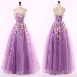 New Arrival Lilac Prom Dress Long Formal Evening Party Gowns Strapless Sleeveless Corset Formal Dress with Beaded Lace Applique Fl261A