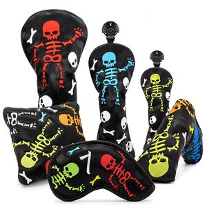 Outros produtos de golfe Coberturas de cabeça OEM Black Skulls #1 #3 #5 Coberturas de cabeça de madeira Skulls Design Driver Fairway Hybrid Woods Headcover Blade Putter Mallet Pu 230720