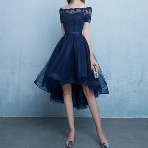 Marineblaues Cocktailkleid aus Hi-Lo-Tüll mit Applikationen, kurzen Ärmeln, Hellgrau, Schwarz, Burgunderrot, Partykleider, günstig, für besondere Anlässe, dre2906