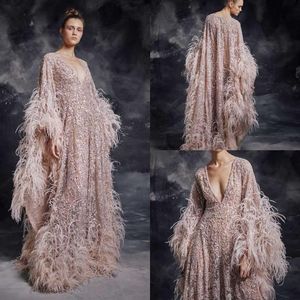 Modest Krikor Jabotian Elegant V Neck Long Sleeve A Line Evening Dresses paljetter Lace Feather Formal Dresses Sweep Train Party Gow229J