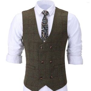 Gilet da uomo Gilet Doppiopetto con scollo a V Gilet scozzese in tweed di lana Giacca da sposo per matrimonio d'affari marrone nero verde