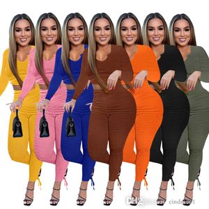 Womens Rib Pleated Pants Outfits Sportswear Fall Winter Fashion U-neck Long Sleeve Trousers Sports Suit Ladies Sweatsuits