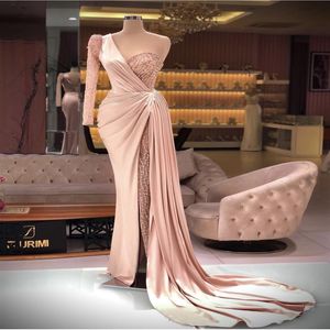 Robe De Soiree One Shoulder Prom Dresses Custom Pink Long Sleeve Mermaid Side Split Formal Dubai Middle East Evening Party Gown 20171e