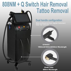 Wielofunkcyjne włosy Usuń tatuaż Diodę Diodę 808nm laser i yag Q-Switch Freckle Usuń maszynę do odmładzania skóry 2 uchwyty