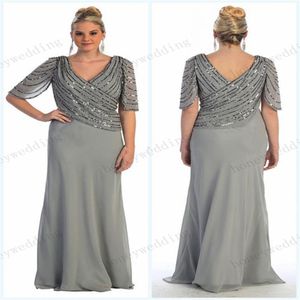 2019 Spring Nowe przybycie koralików plus size szyfon Szyfonowa Mother of the Bride Sukienki V-Dkoll Połowa rękawy Półtko Długość podłogi Mother DR270J