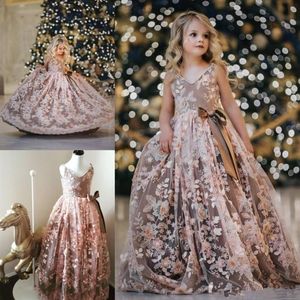 Princess Flowers Girls Dresses Pearls Lace Appliques Kids Toddlers Pageant Gowns For Wedding Teens Kids Birthday Party Dress Robes204n