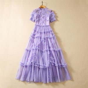 2023 Summer Purple Polka Dot Tulle Panelled Dress Short Sleeve Round Neck Long Maxi Casual Dresses S3Q210720 Plus Size XXL