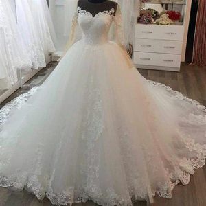 Sheer Long Sleeve Wedding Dresses A LineSweetheart Appliques Lace Sweep Train Luxury Bridal Gowns Top Fashion320V