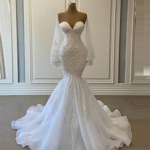 Zarif Beyaz Denizkızı Gelinlik Gelinlik Boncukları Dantel Aplike Nijeryalı Arap Evlilik Elbisesi Robe de Mariee3113