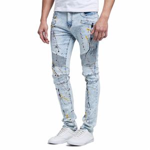 Hip-hop chude jeansy mężczyźni plisowane zamek błyskawiczny Paint Painted Splash-Conk Denim Casual Penicl Spods Tide213p