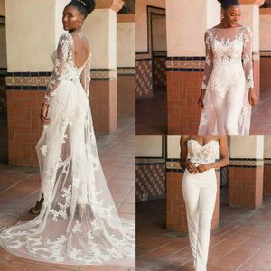 2020 Novo Estilo Calça Calça Vestidos de Noiva com Mangas Longas Envoltórios Apliques de Renda Querida Noiva Festa Vestidos de Noiva Três Peças274Z