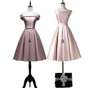 Blush Pink Satin Short Bridesmaid Dresses spetsa upp 2020 knälängd festklänning Robe de Soiree264e