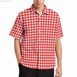 Men's Casual Shirts Houndstooth Speckled Vacation Shirt Red White Pattern Hawaiian Casual Shirts Street Style Blouses Short-Sleeve Graphic Clothes L230721