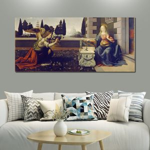 Famous Portrait Canvas Art Leonardo Da Vinci Painting Annunciation Handmade Modern Cafe Bar Decor