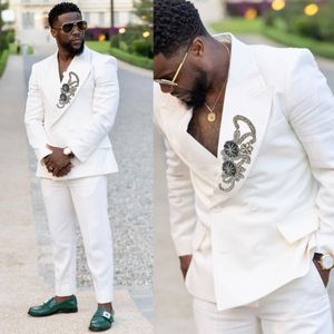 Beach Mens Wedding Tuxedos Men White Double Breasted Appliques Custom Groom Prom Wear Pants Suits 2 Pieces