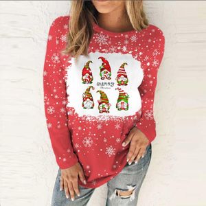 Camisetas femininas para roupas de natal série estampada gola redonda manga média contrastante camisa casual feminina de náilon