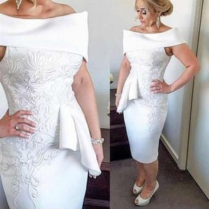 Bateau Chá Comprimento Mãe da Noiva Vestidos 2019 Custom Made Applique Branco Ruched Curto Vestidos de Baile Mulheres Concurso Vestido de Festa334E