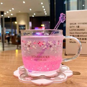 A mais recente caneca de café de vidro Starbucks de 12OZ romântico flor de cerejeira estilo mudança de cor copo de água caixa separada embalagem suporte242u