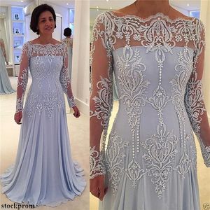 2020 Långa ärmar Formell mamma till bruden klänningar från axelapplikationer Lace Pearls Mother Dress Evening Gowns Plus Size Custo307e