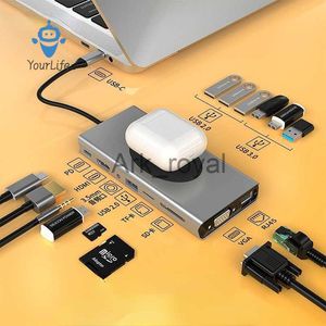 Placas de expansão Acessórios 10 em 1 Usbc Laptop Docking Station Thunderbolt 4 Dock 4K HDMI para Macbook Pro Hub Typec 15 em 1 Carregamento sem fio RJ45PDSD J230721