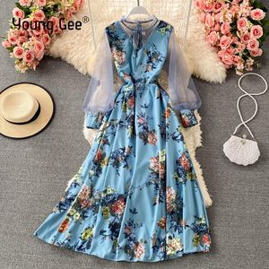 Abiti casual Giovani donne manica lunga abito vintage lanterna vestidos floreale midi estate autunno patchwork maxi abito