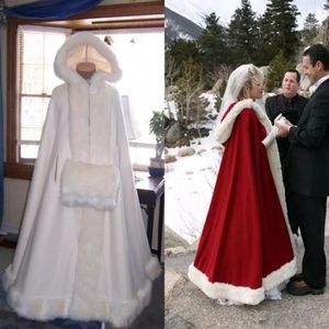 Günstige Braut Cape Elfenbein Hochzeit Umhänge mit Kapuze mit Kunstpelzbesatz knöchellang rot weiß Winter lange Wraps Jacke mit Kapuze Braut Cap218Q