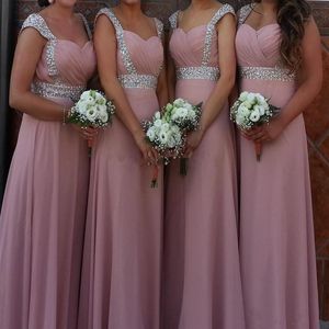 Capped Sweetheart Chiffon Long Bridesmaid Dresses Lace Up 2019 Beaded Party Dress Blush Pink Vestito Damigella Donna262Q