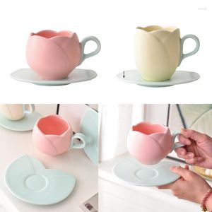 Canecas Caneca de Cerâmica Tulipa Modeladora Orelhas Redondos Alça Xícara de Café Água Casal Conjunto de Chá Com Pires