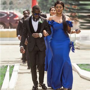 Plus Size Royal Blue Mermaid Bridesmaid Dresses Off Shoulder Ruffles Satin Long Maid of Honor Dress Wedding Guest Kirt194V