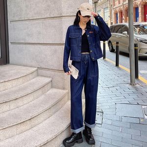 Women's Two Piece Pants Fashion Denim Sets Coat And 2023 Spring Women Streetwear Chic Loose Short Jacket Wide Leg Jeans Outfit 1058