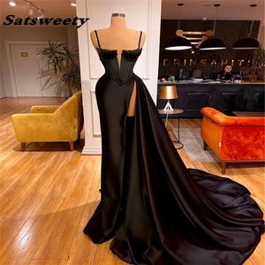 Sexy Black Pleat Satin Long Mermaid Prom Dress 2021 Evening Gala Gowns Formal Party Gown Special Occasion Dresses265g