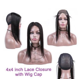 4 4 tum rak spetsstängning med Wig Cap Natural Color Brasilian Straight Hair Middle Part 100% Hume Hair Stängning286b
