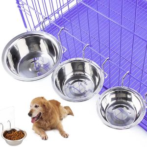 Pet Dog Cat Bowl من الفولاذ المقاوم للصدأ معلقًا قفصًا طعامًا ماءًا أوعية كووب كووب كوب تغذية وعاء لجرو الطيور الأرنب القاطرة 211i