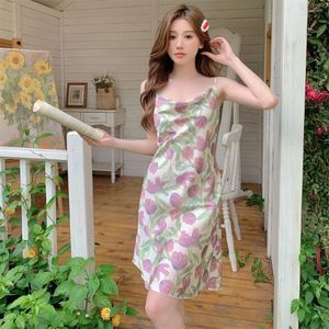 Women's Sleepwear Women Sexy Satin Pajamas Nightgowns Comfortable Casual Summer Purple Floral Print Nightdress