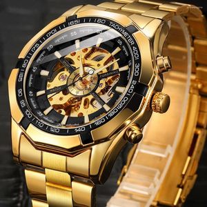 Wristwatches Forsining Gold Stainless Steel Waterproof Mens Skeleton Watches Top Transparent Mechanical Sport Male Wrist