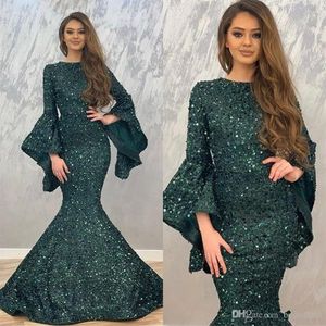 2020 Dark Green Mermaid Evening Dresses Sequin långa ärmar Prom -klänningar för Dubai Women Formal Wear Prom Clows Vestido de Fiesta AB227D