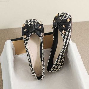 Отсуть обувь Большой размер 34-43 Мягкий днит квартиры Женщина Houndstooth Bow-Nknot Shoes Femmes квадратные балеты