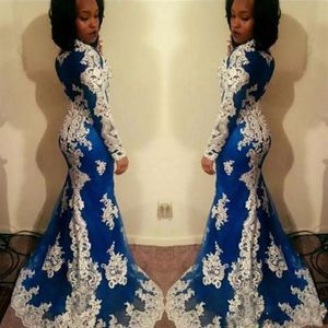 Royal Blue White Lace South African Prom Evening Dresses Wear 2020 med långärmad juvel Mermaid Dress Formella klänningar Vestidos de F265Y