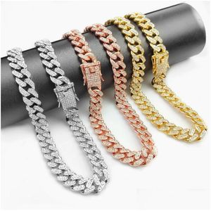 Dog Collars Leashes Cuban Necklace Paved Rhinestones 12.5Mm Width Chain Hip Hop Jewelry Gold Color Stainless Steel Material Cz Cla Dhrrc