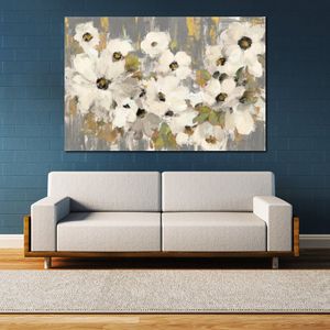 Moderne Landschafts-Leinwand-Wandkunst, weiße und grüne Blüte, graue Silvia Vassileva-Gemälde, handgefertigt, hohe Qualität