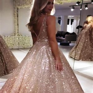 Rose Gold Sequin A Line Prom Dreses Sexy V neck Floor Length Custom MAde Sparkling SEquin Evening Party Dresses 20192838